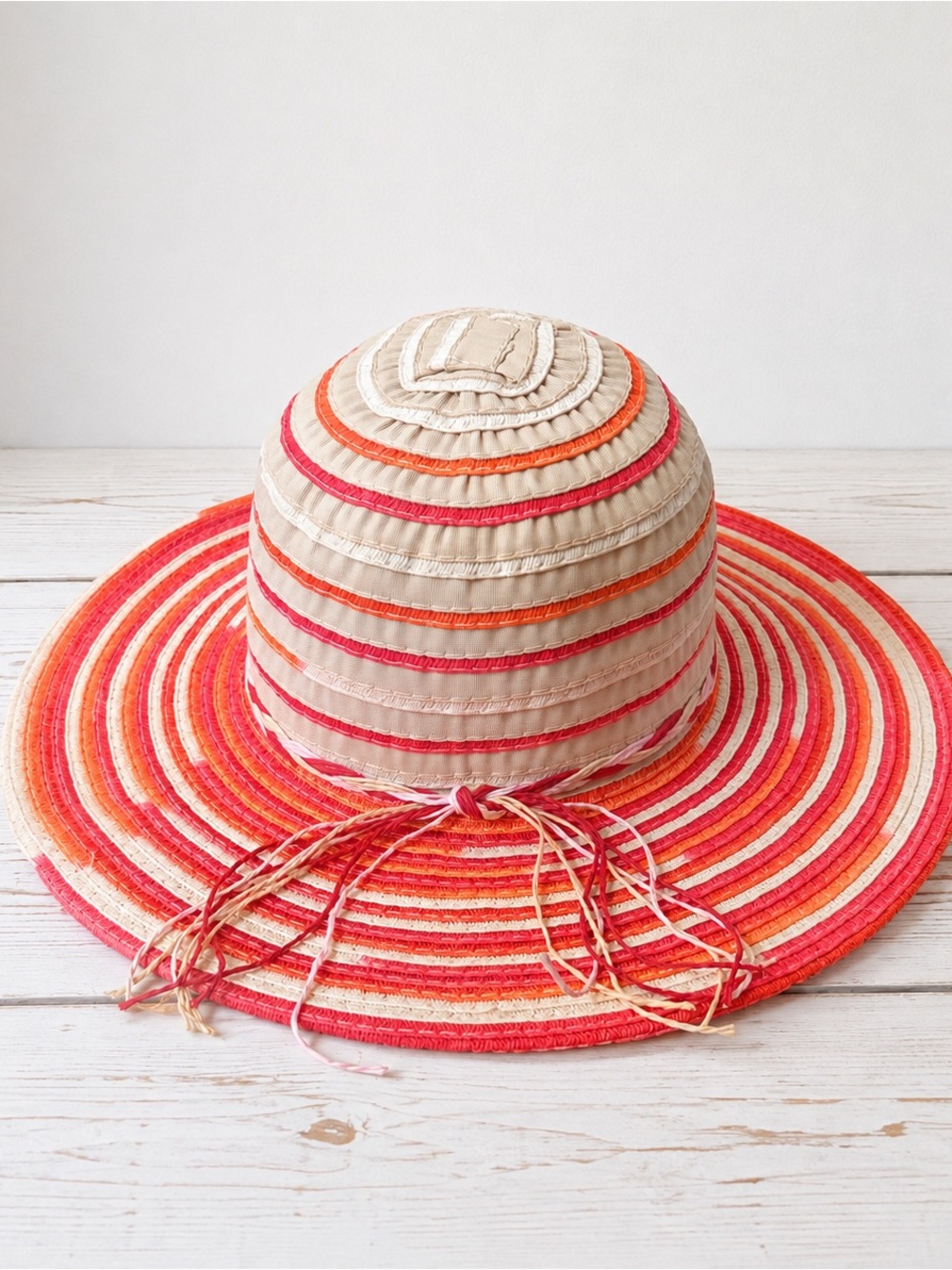 Striped Beige Sun Hat with Pink and Orange Accents